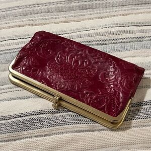 RARE HOBO Embossed Floral Leather Clutch Wallet - Burgundy